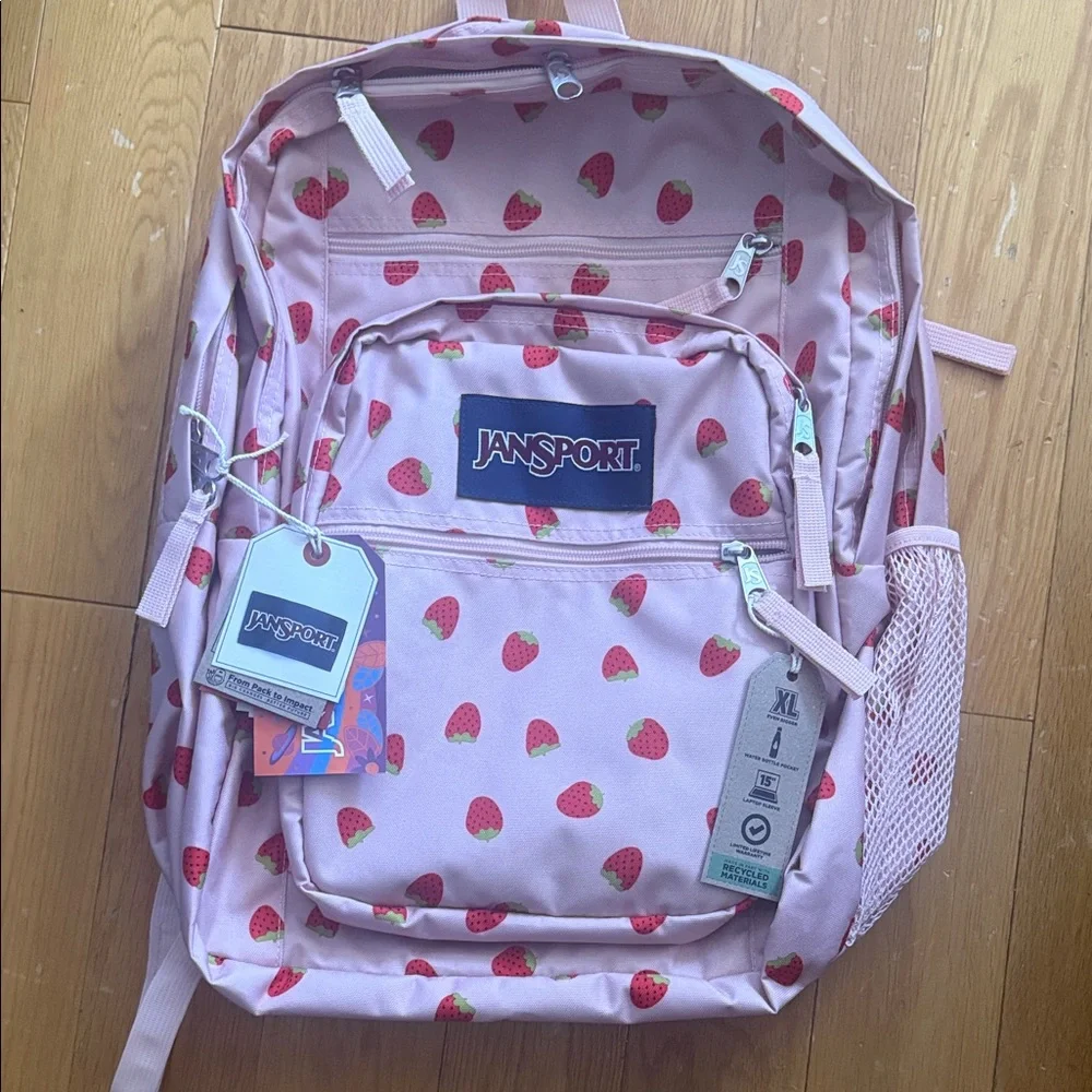 NWT JanSport Kids Backpack with Pink Strawberry Design 15”